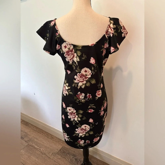 Guilty Floral Black and Pink Midi Dress Bodycon Flutter Sleeve Size Large - Picture 4 of 7